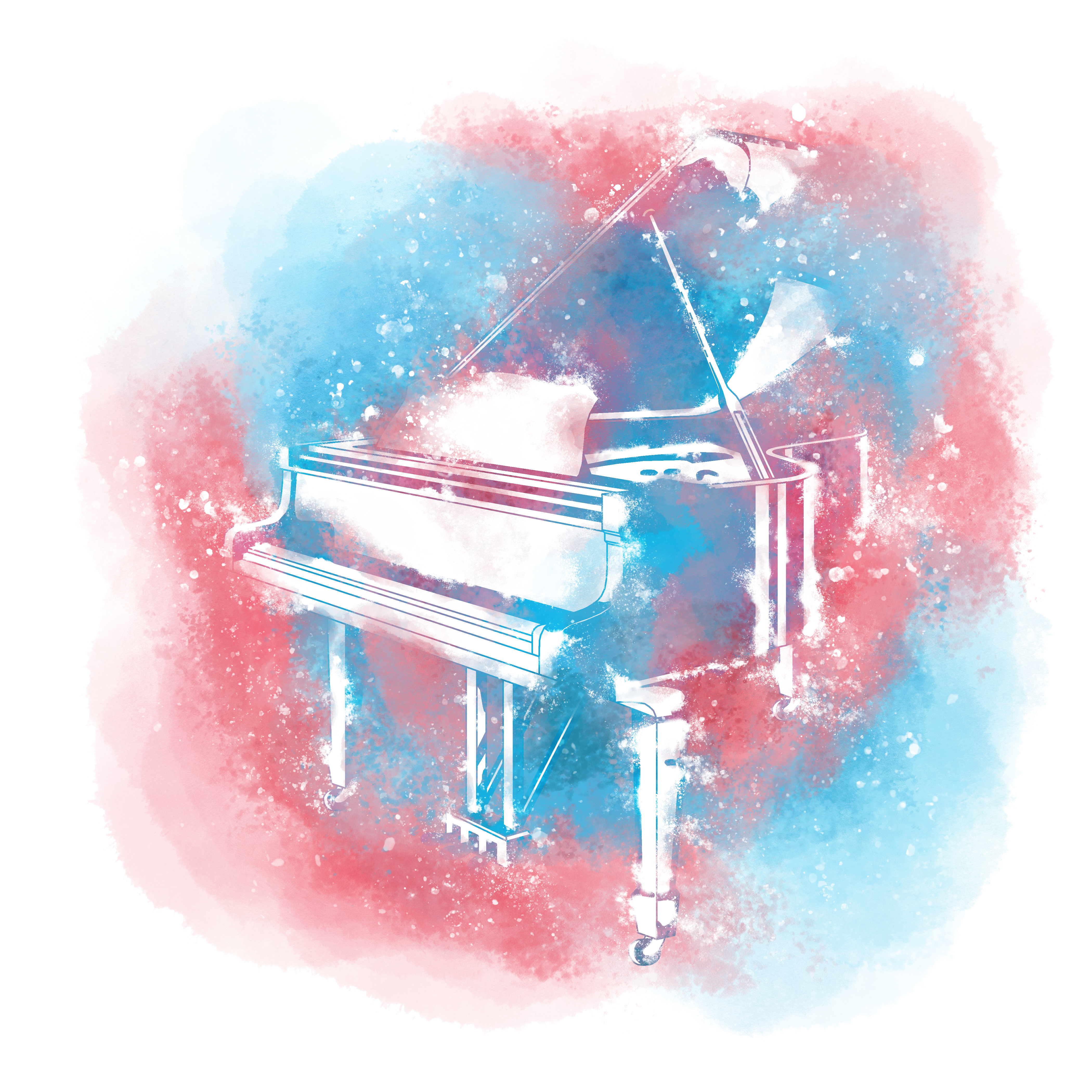 Sign Up for Piano Lessons, abstract grand piano with blue and pink watercolor and white paint splatters